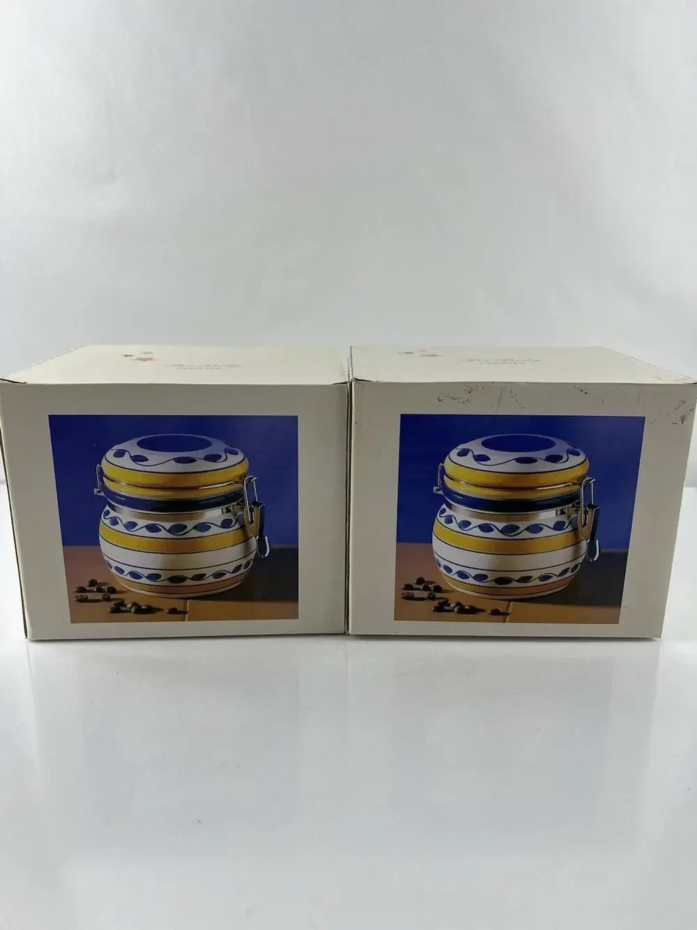 Set of 2 Hand Painted Ceramic Canisters with Clamp Lids 6.5” Blue Yellow
